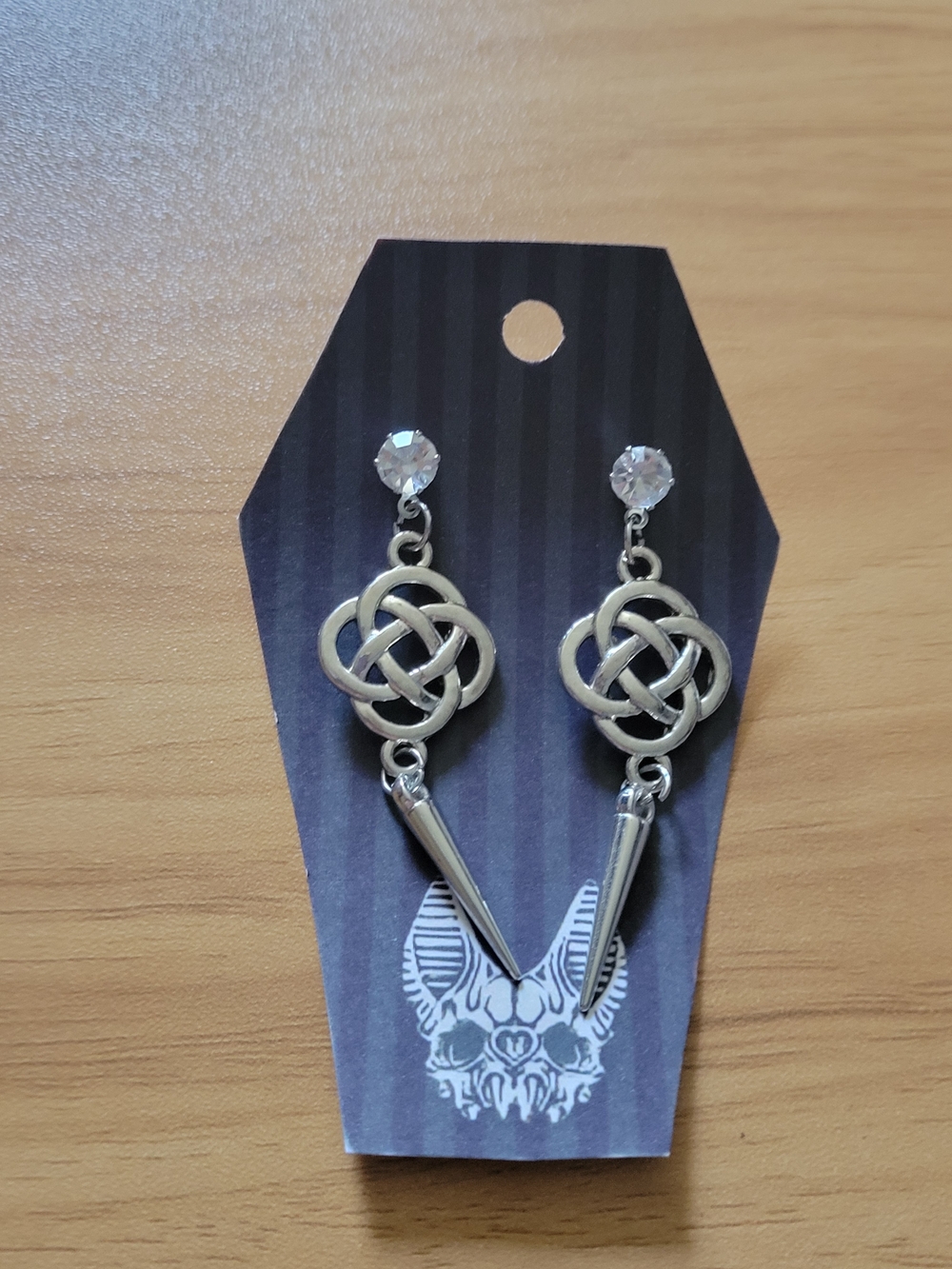 💀NEW💀Hand Crafted Silver Celtic Knot Spike Drop Earrings with Clear Crystals